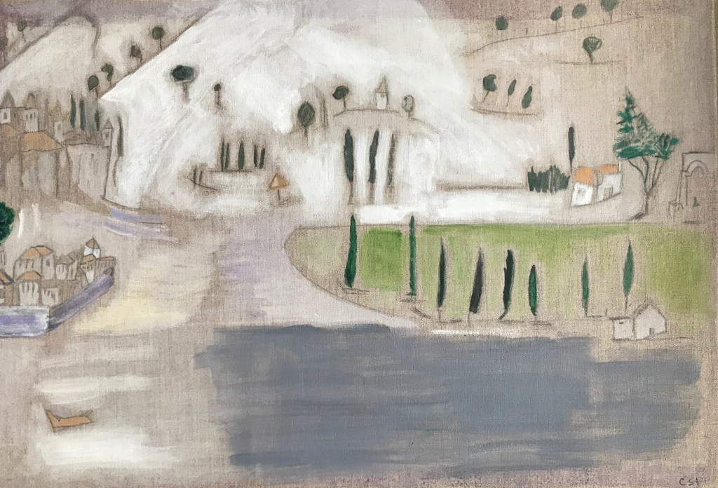 an acrylic painting showing a landscape with hills and trees